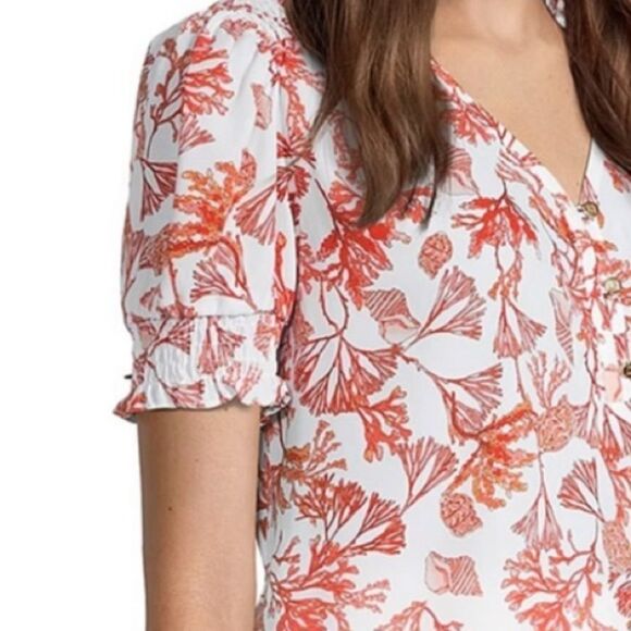 Liz Claiborne Coral Reef Women’s White Coral V Neck Short Sleeve Blouse sz PL - Picture 5 of 8